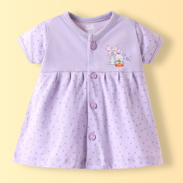 Single Jersey Knit Half Sleeves Front Open Frock with Animal & Heart Print - Purple