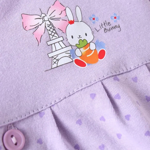 Single Jersey Knit Half Sleeves Front Open Frock with Animal & Heart Print - Purple