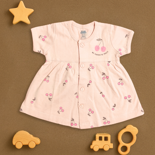 Cute Single Jersey Knit Half Sleeves Front Open Frock with Cherry print - Peach