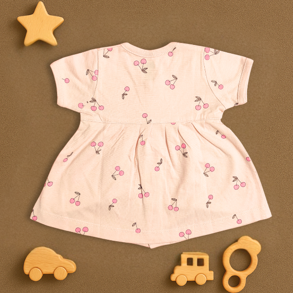 Cute Single Jersey Knit Half Sleeves Front Open Frock with Cherry print - Peach