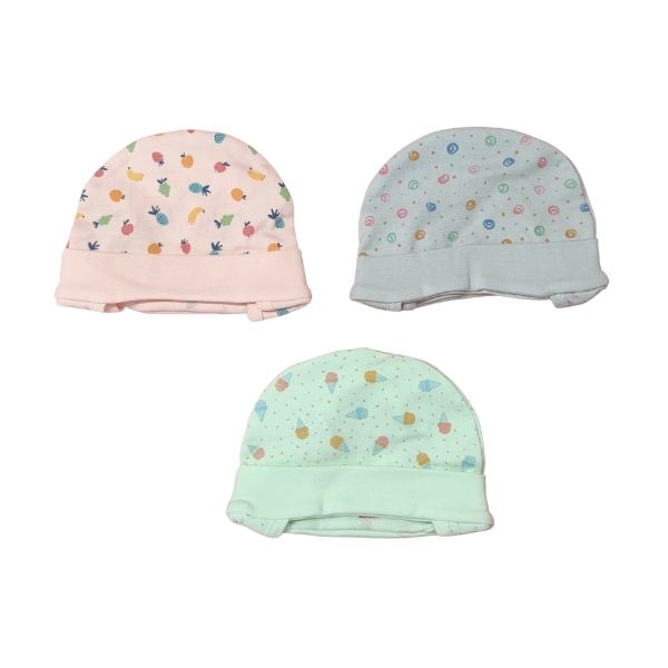 100% Cotton Printed Ear Cap Set of 3 - Mint, Peach and Cool Grey