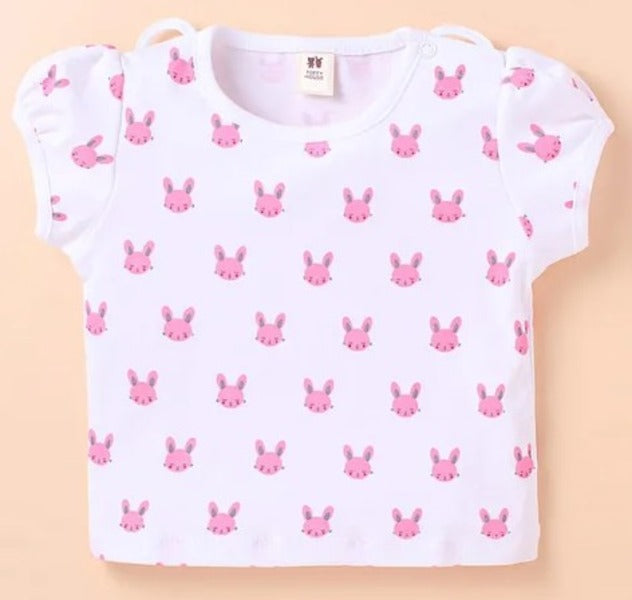 ToffyHouse Cotton Knit Half Sleeves Dungaree & T-Shirt with Bunny Print & Patch - Pink & Mint