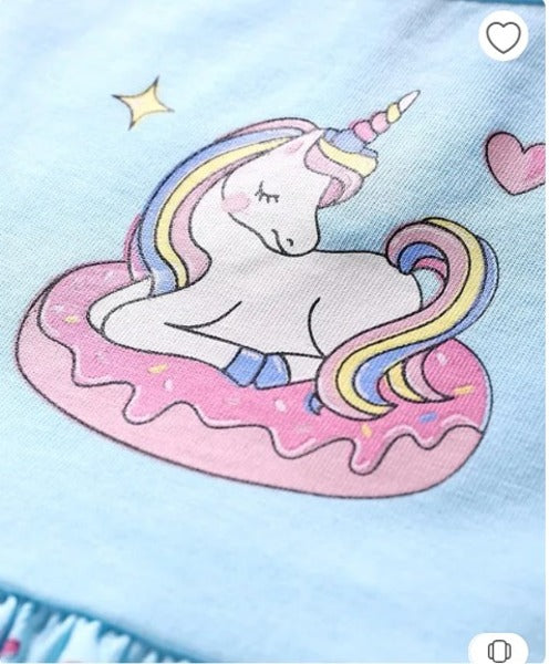 CUCUMBER Sinker Knit Sleeveless Unicorn Printed Frock - Sky Blue