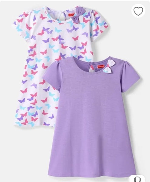 Babyhug Single Jersey Knit Half Sleeves Frock With Butterfly Print & Bow Applique Pack Of 2 - Purple & White