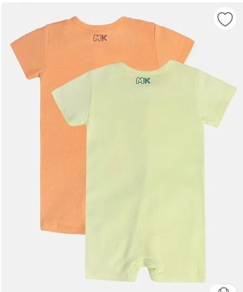 MINI KLUB Cotton Pack Of 2 Half Sleeves Elephant & Sloth Printed Rompers - Orange & Beige