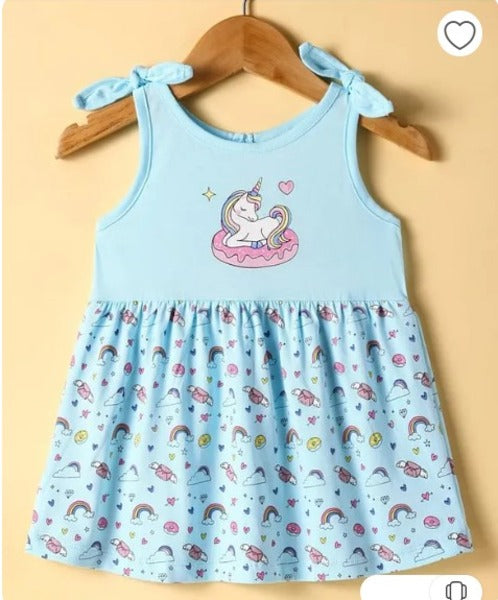 CUCUMBER Sinker Knit Sleeveless Unicorn Printed Frock - Sky Blue