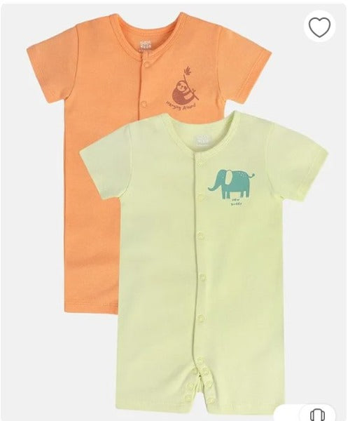 MINI KLUB Cotton Pack Of 2 Half Sleeves Elephant & Sloth Printed Rompers - Orange & Beige