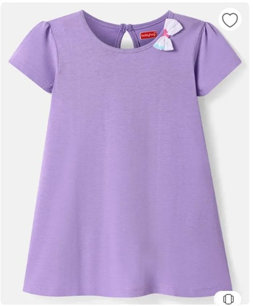 Babyhug Single Jersey Knit Half Sleeves Frock With Butterfly Print & Bow Applique Pack Of 2 - Purple & White