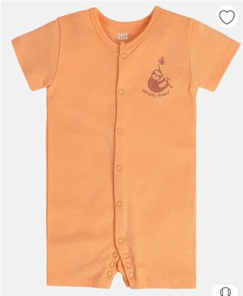 MINI KLUB Cotton Pack Of 2 Half Sleeves Elephant & Sloth Printed Rompers - Orange & Beige